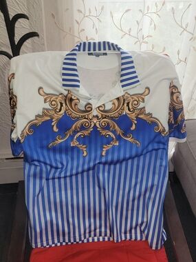 Men's Blue & White Striped Polo with Gold Baroque Detail